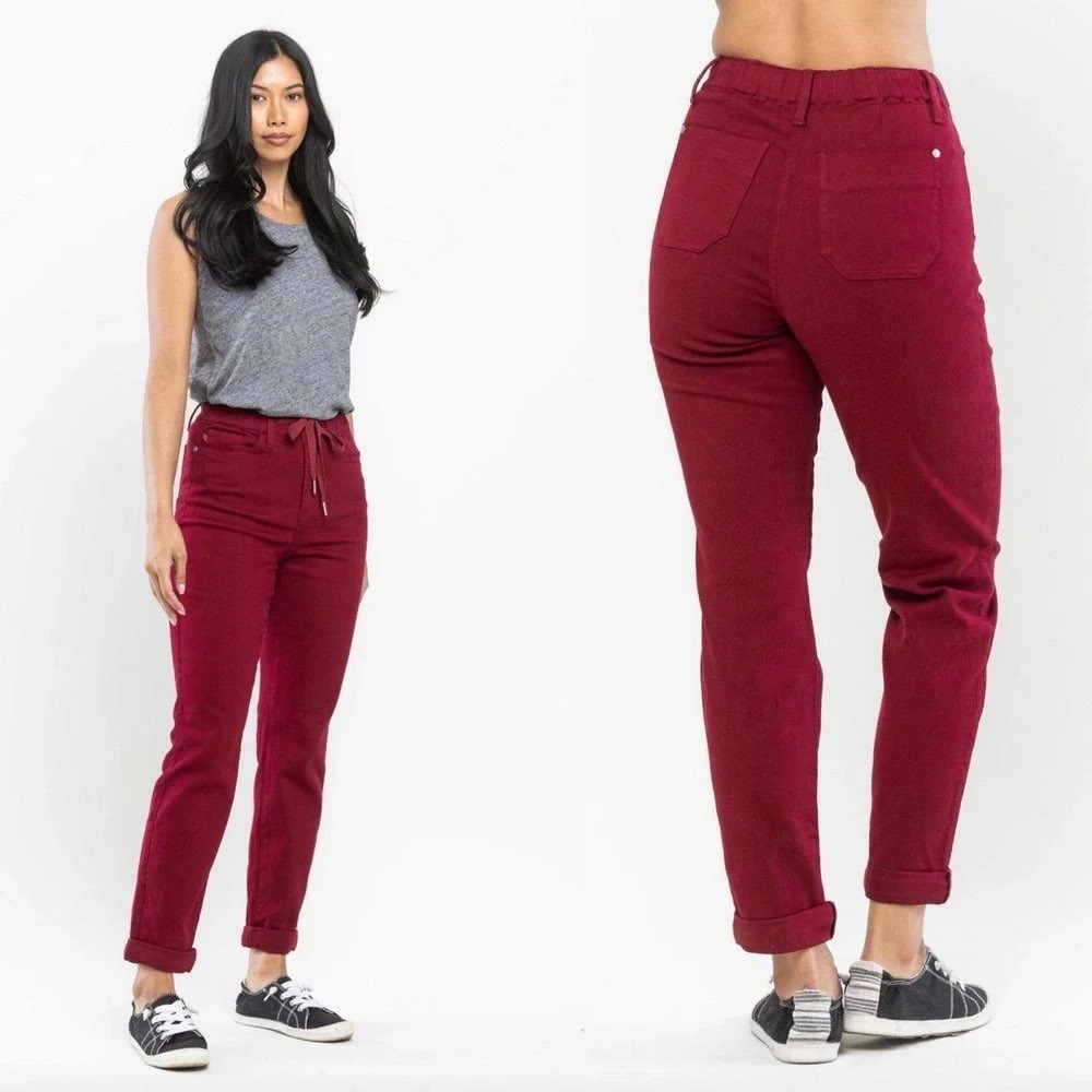 Judy Blue Womens Garment Dyed High Waist Jogger 31 Scarlet Red Pull On Cuffed
